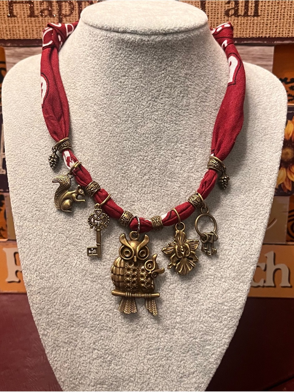 Boho Red Fabric Necklace with Antique Gold Owl Charm